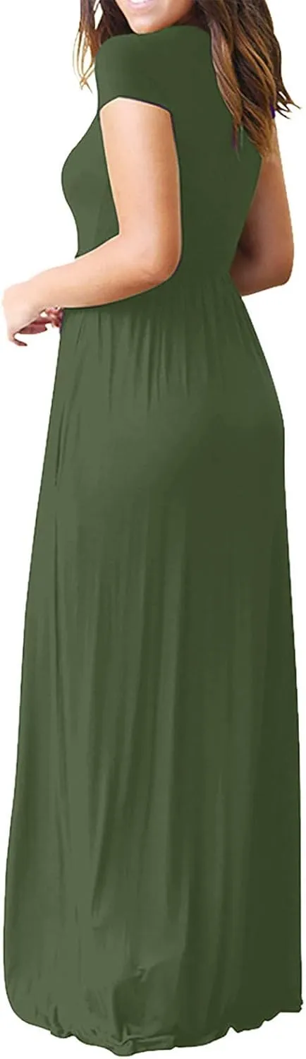 Women's Short Sleeve Split Maxi Dress Crewneck Tshirt Casual Plain Long Dresses Beach Basic Vacation Dresses Pockets