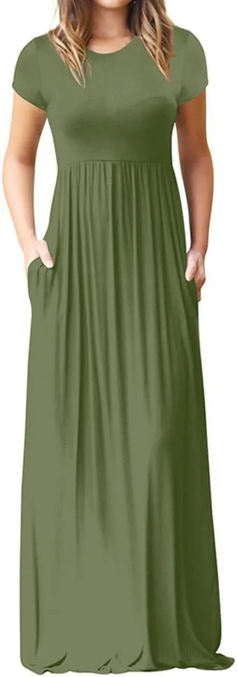 Women's Short Sleeve Split Maxi Dress Crewneck Tshirt Casual Plain Long Dresses Beach Basic Vacation Dresses Pockets
