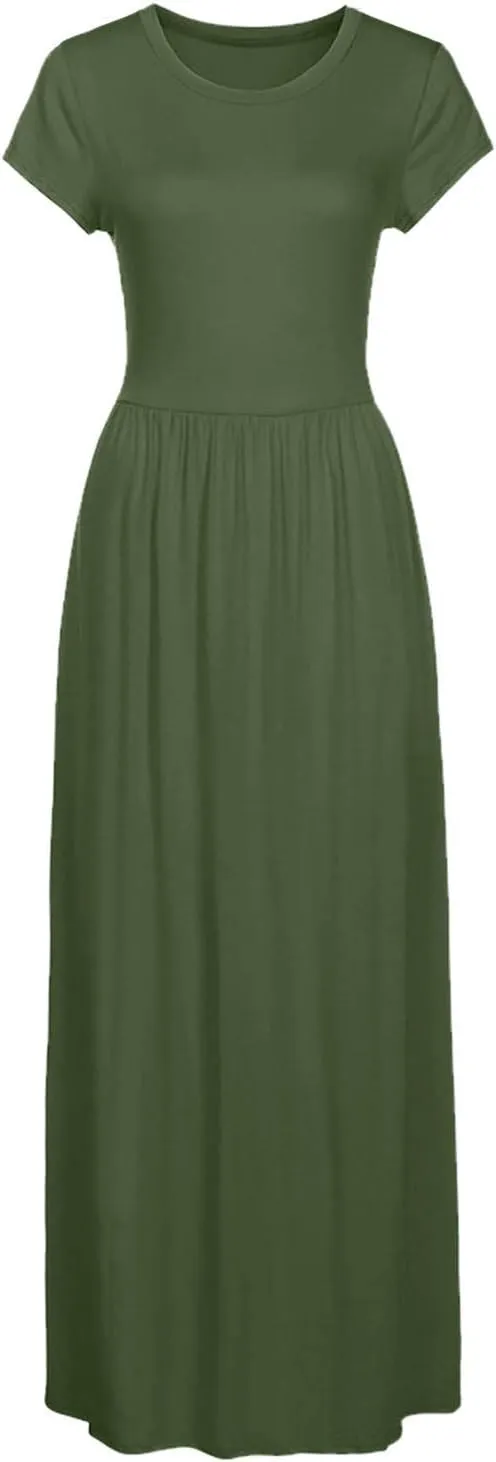 Women's Short Sleeve Split Maxi Dress Crewneck Tshirt Casual Plain Long Dresses Beach Basic Vacation Dresses Pockets