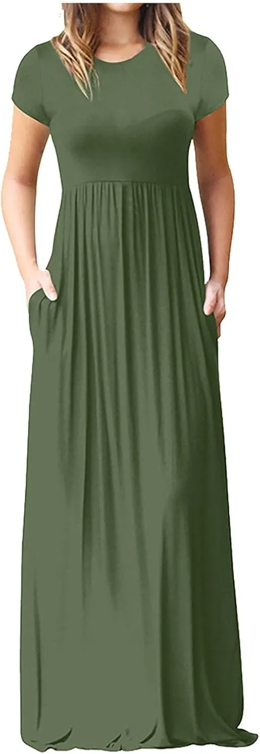 Women's Short Sleeve Split Maxi Dress Crewneck Tshirt Casual Plain Long Dresses Beach Basic Vacation Dresses Pockets