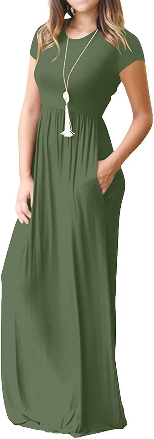 Women's Short Sleeve Split Maxi Dress Crewneck Tshirt Casual Plain Long Dresses Beach Basic Vacation Dresses Pockets