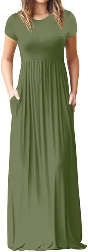 Women's Short Sleeve Split Maxi Dress Crewneck Tshirt Casual Plain Long Dresses Beach Basic Vacation Dresses Pockets