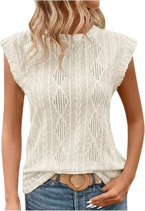 Women's Summer Tank Tops Casual Crewneck Sleeveless Shirts Comfy Lightweight Crochet Knit Texture Tank Top Blouses