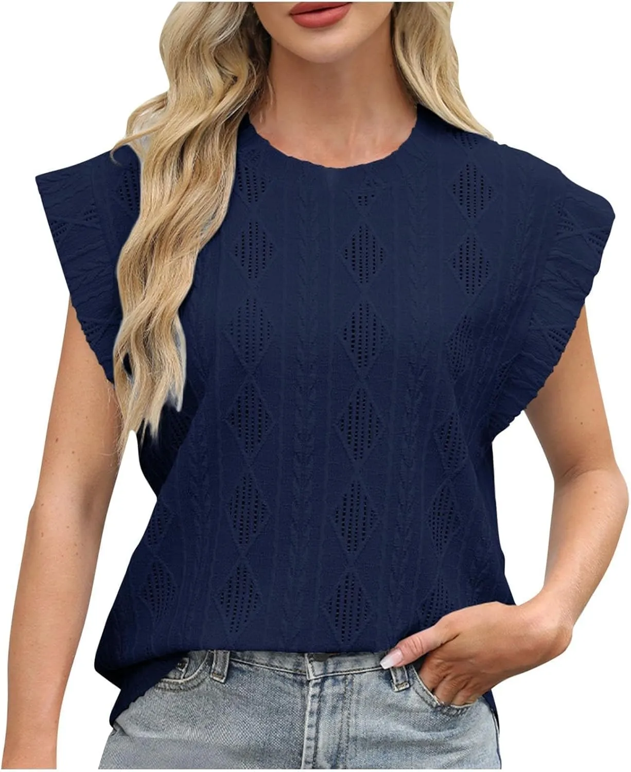 Women's Summer Tank Tops Casual Crewneck Sleeveless Shirts Comfy Lightweight Crochet Knit Texture Tank Top Blouses