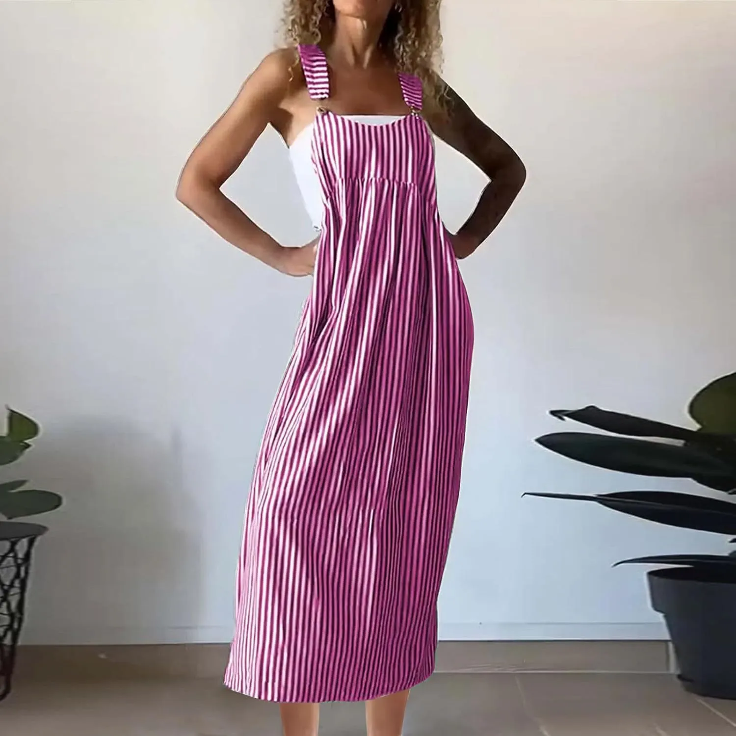 Women's Vertical Stripe Cami Dress Loose Crew Neck Mid Calf Length Dresses Summer Strapped Trendy Casual Dress