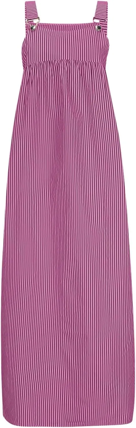 Women's Vertical Stripe Cami Dress Loose Crew Neck Mid Calf Length Dresses Summer Strapped Trendy Casual Dress