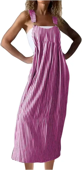 Women's Vertical Stripe Cami Dress Loose Crew Neck Mid Calf Length Dresses Summer Strapped Trendy Casual Dress