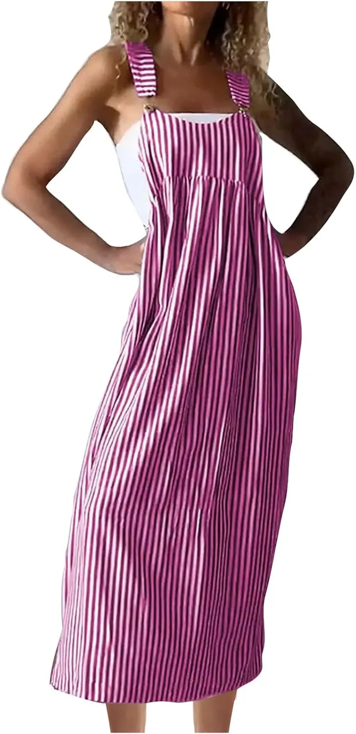 Women's Vertical Stripe Cami Dress Loose Crew Neck Mid Calf Length Dresses Summer Strapped Trendy Casual Dress
